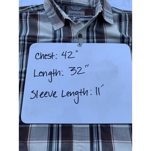 Carhartt Button Up Shirt Mens Medium Cream Brown Plaid Short Sleeve Relaxed Fit - Picture 10 of 10
